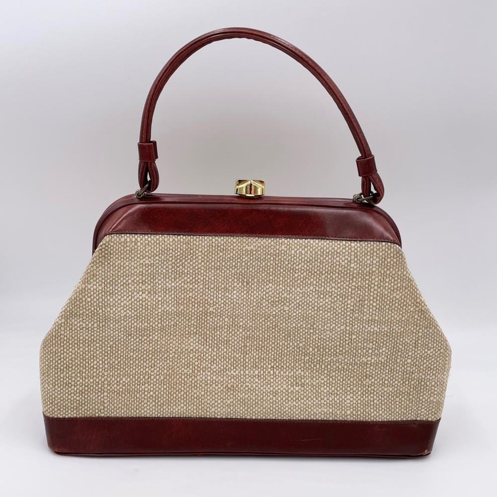 Vintage 50s 60s Top Handle Satchel Bag Red Leather Tweed Purse Midcentury Modern - Picture 3 of 12